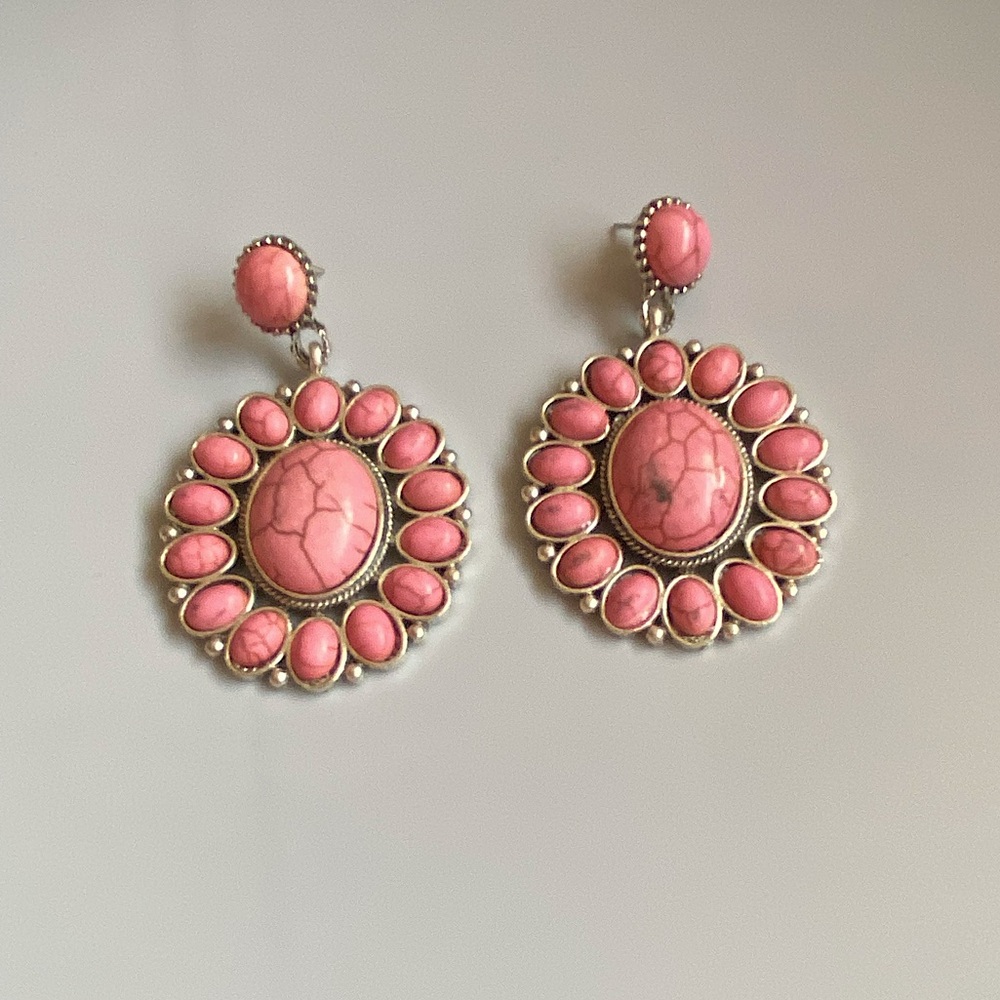 Pink Stone Boho Silver Earrings